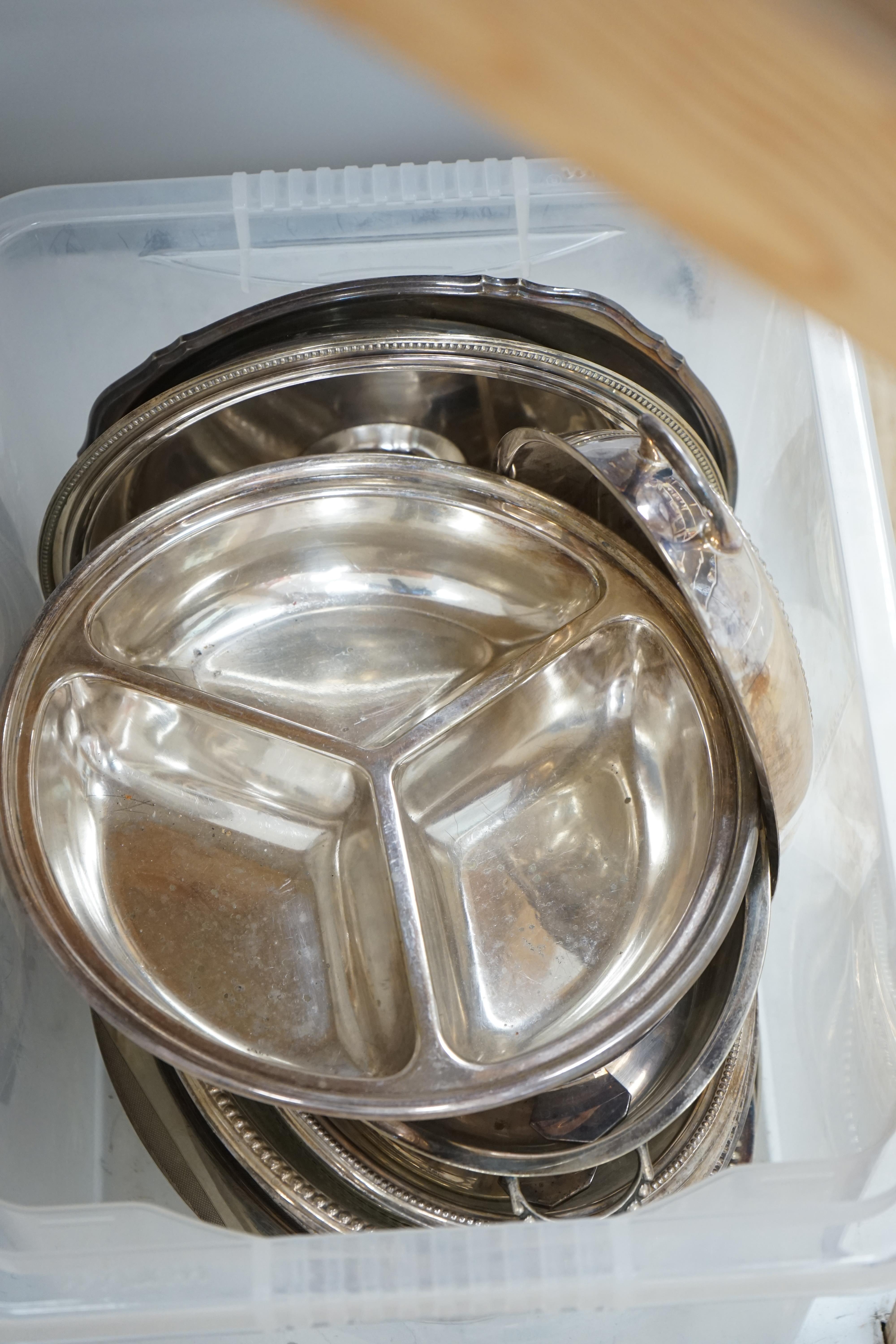 A quantity of silver plate to include vintage cocktail shaker with antler handle, trays, dishes etc. Condition - fair